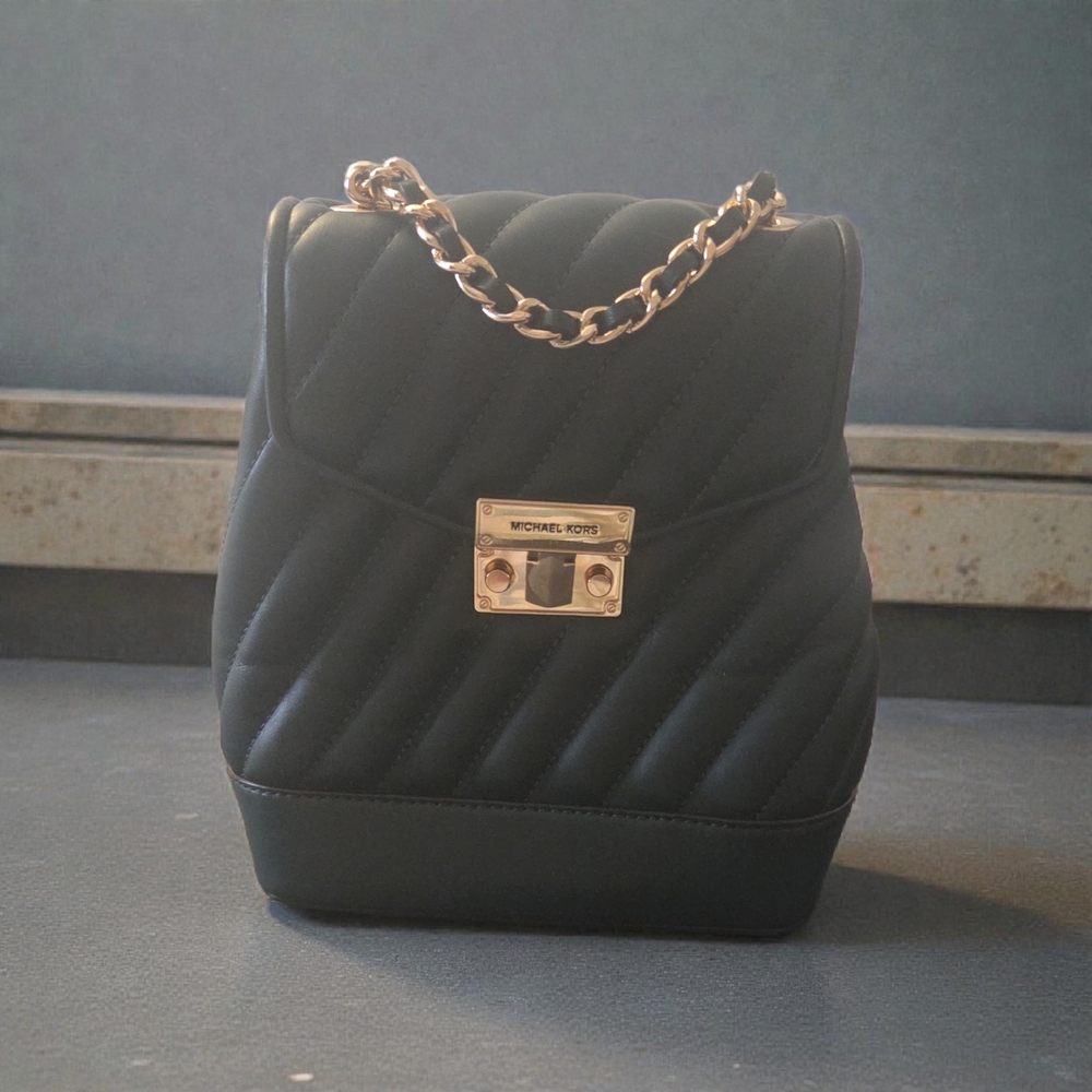 Michael Kors Dark Green Quilted Backpack with Gold Chain